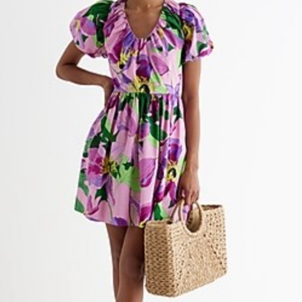 Express Floral V-Neck Puff Sleeve Poplin Mini Dress